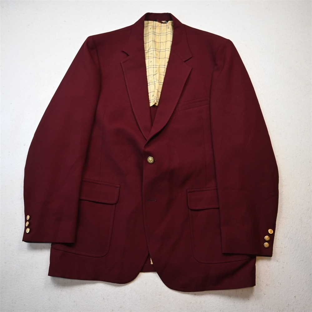 Vtg USA Made 46L‎ Dark Red Gold Button Mens Blazer Suit Jacket Sport Coat